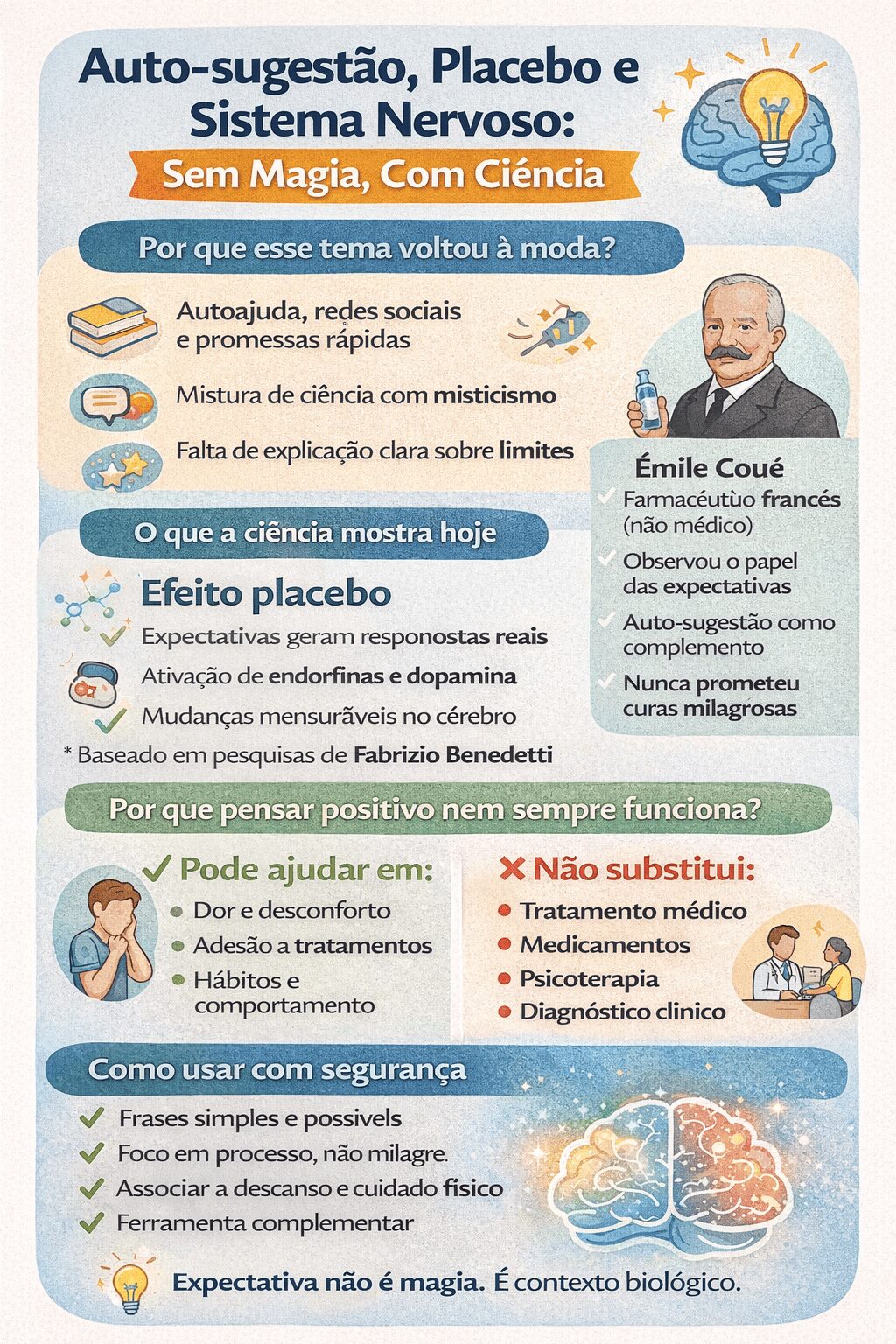 Infográfico explicando auto-sugestão, efeito placebo e sistema nervoso com base científica
