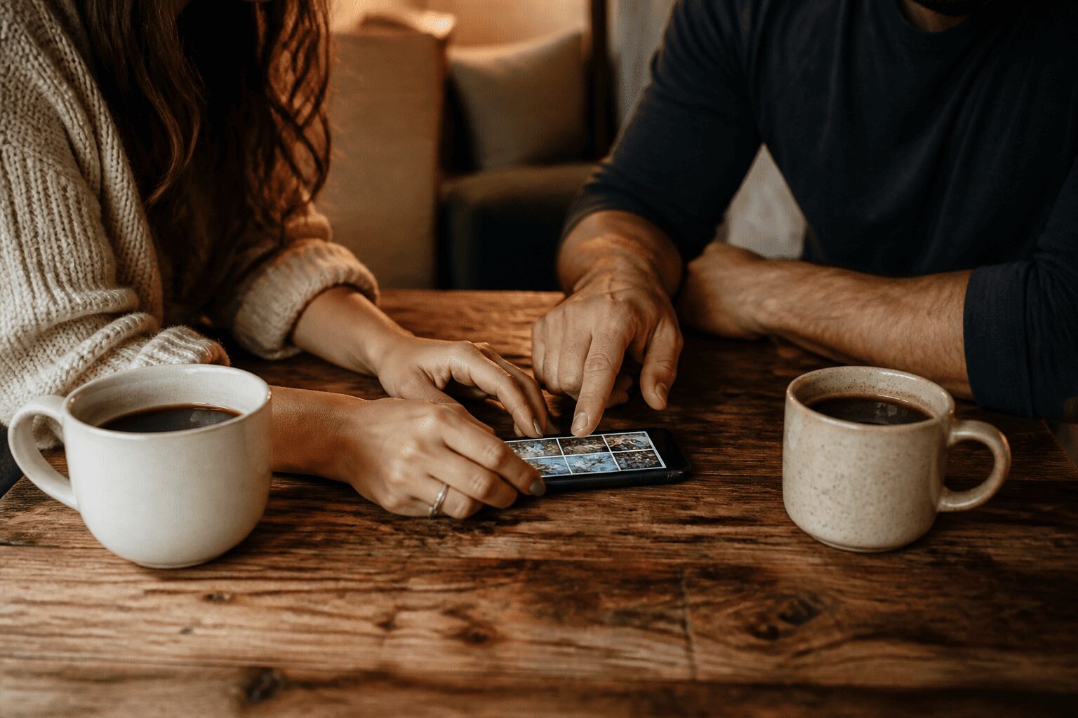 Casal usando iPhone para jogo de conexão e perguntas